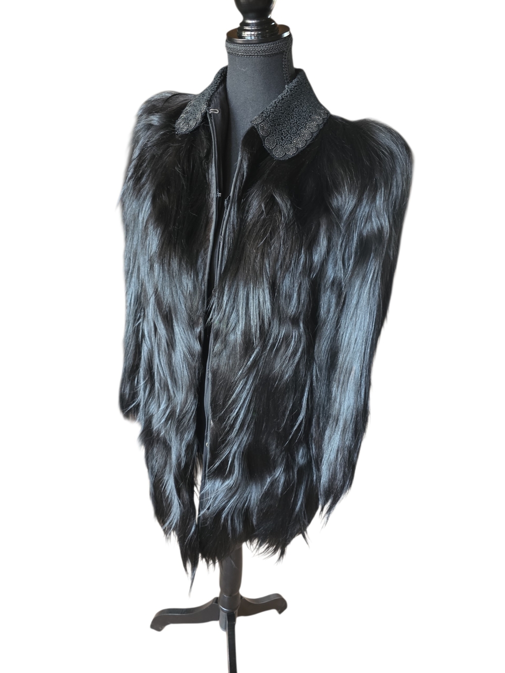 Women's Black Monkey Fur Cape Jacket with Embroidered Collar